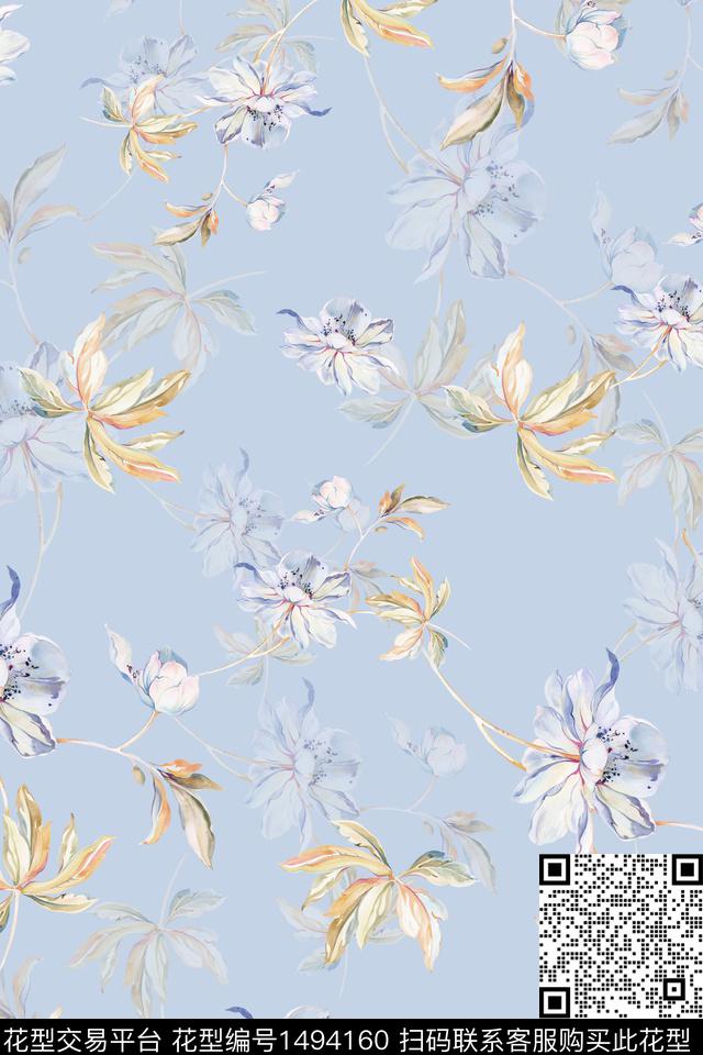 水彩绿植树叶雪纺数码印花华亿平台下载（图片编号: 1494160） - 瓦栏（Walan）