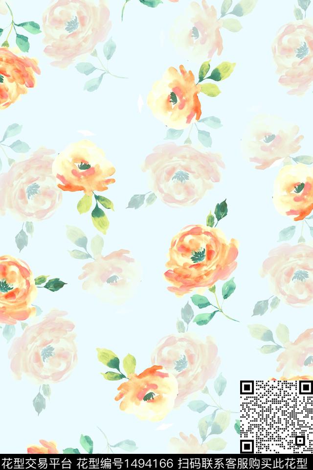 水彩绿植树叶雪纺数码印花华亿平台下载（图片编号: 1494166） - 瓦栏（Walan）