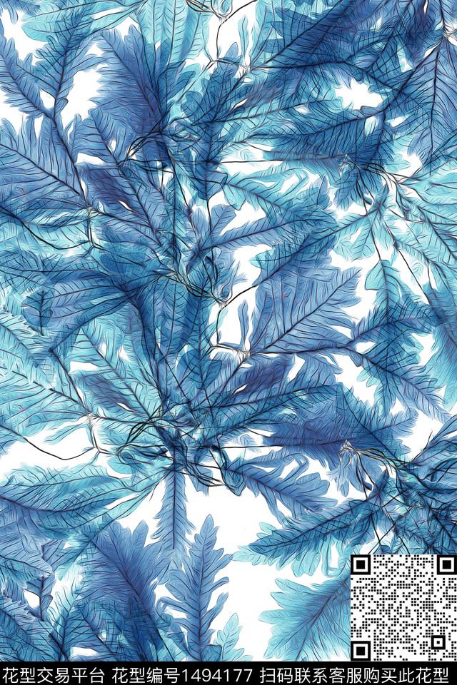 绿植树叶小清新真丝数码印花华亿平台下载（图片编号: 1494177） - 瓦栏（Walan）