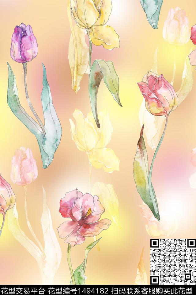 花卉小清新郁金香数码印花华亿平台下载（图片编号: 1494182） - 瓦栏（Walan）