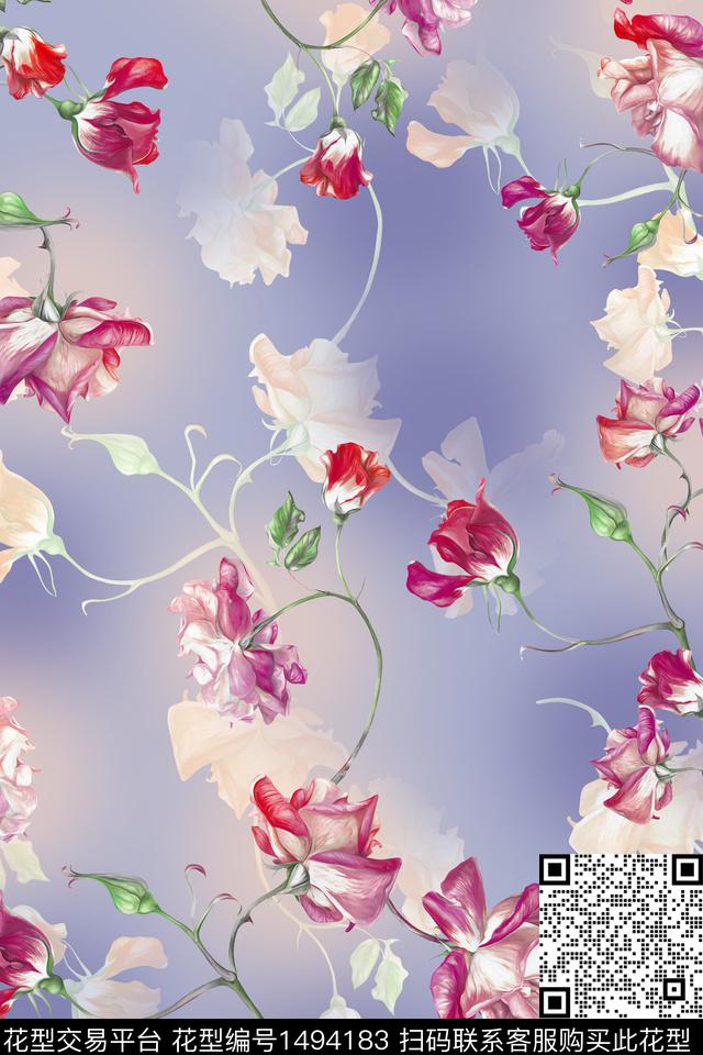 花卉大牌风香云纱数码印花华亿平台下载（图片编号: 1494183） - 瓦栏（Walan）