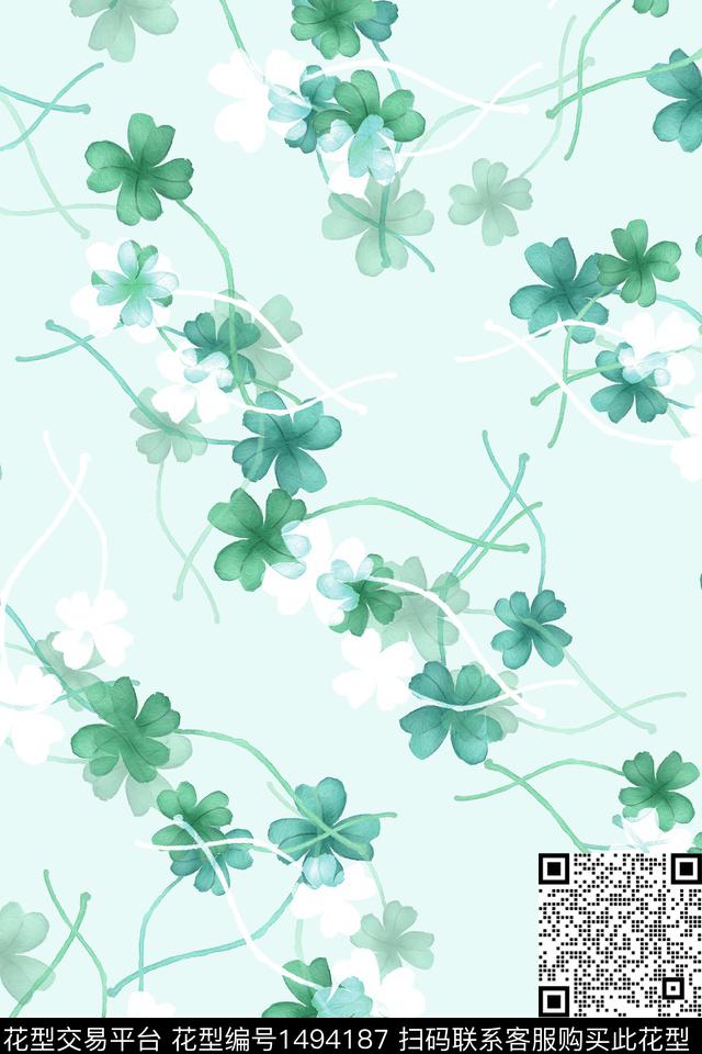 绿植树叶四叶草大牌风数码印花华亿平台下载（图片编号: 1494187） - 瓦栏（Walan）