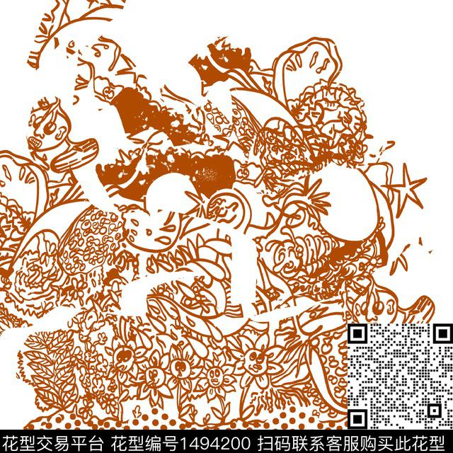 定位花线条画线条花卉数码印花华亿平台下载（图片编号: 1494200） - 瓦栏（Walan）