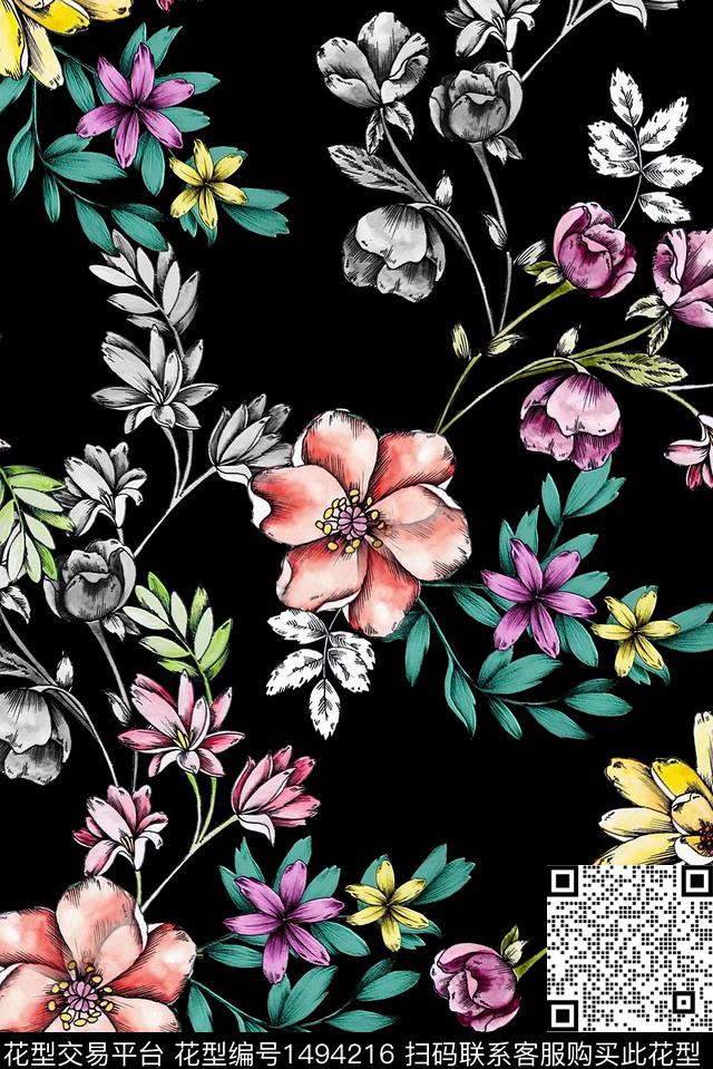 黑底花卉真丝中老年数码印花华亿平台下载（图片编号: 1494216） - 瓦栏（Walan）
