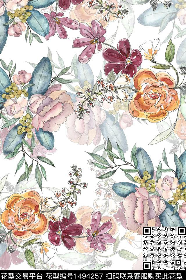 花卉小清新真丝数码印花华亿平台下载（图片编号: 1494257） - 瓦栏（Walan）
