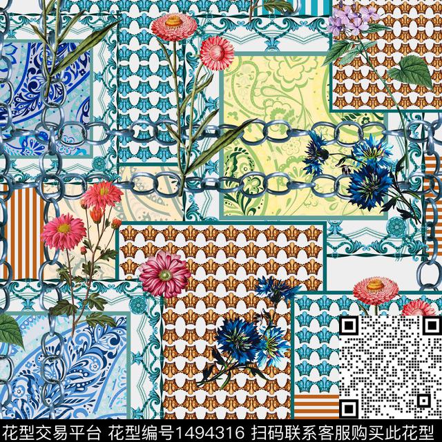 几何花卉民族花卉绿植树叶数码印花华亿平台下载（图片编号: 1494316） - 瓦栏（Walan）