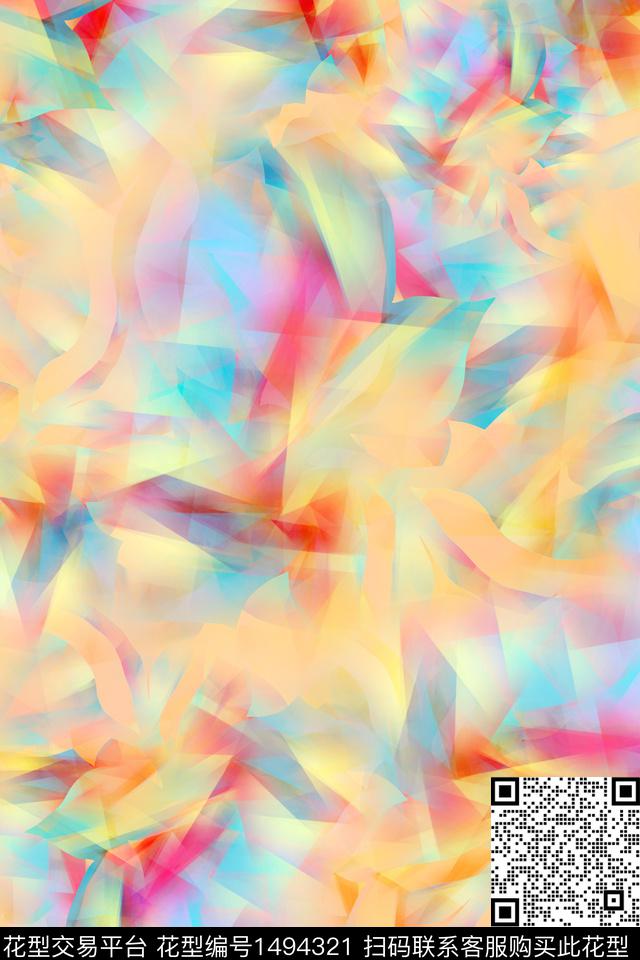 几何花卉水彩炫彩数码印花华亿平台下载（图片编号: 1494321） - 瓦栏（Walan）