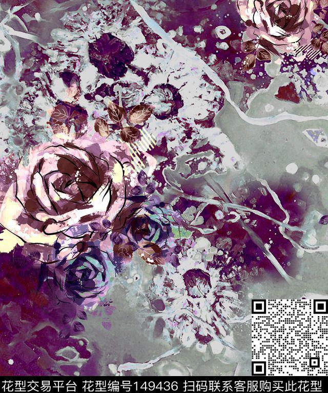 水墨肌理抽象背景抽象花卉数码印花华亿平台下载（图片编号: 149436） - 瓦栏（Walan）