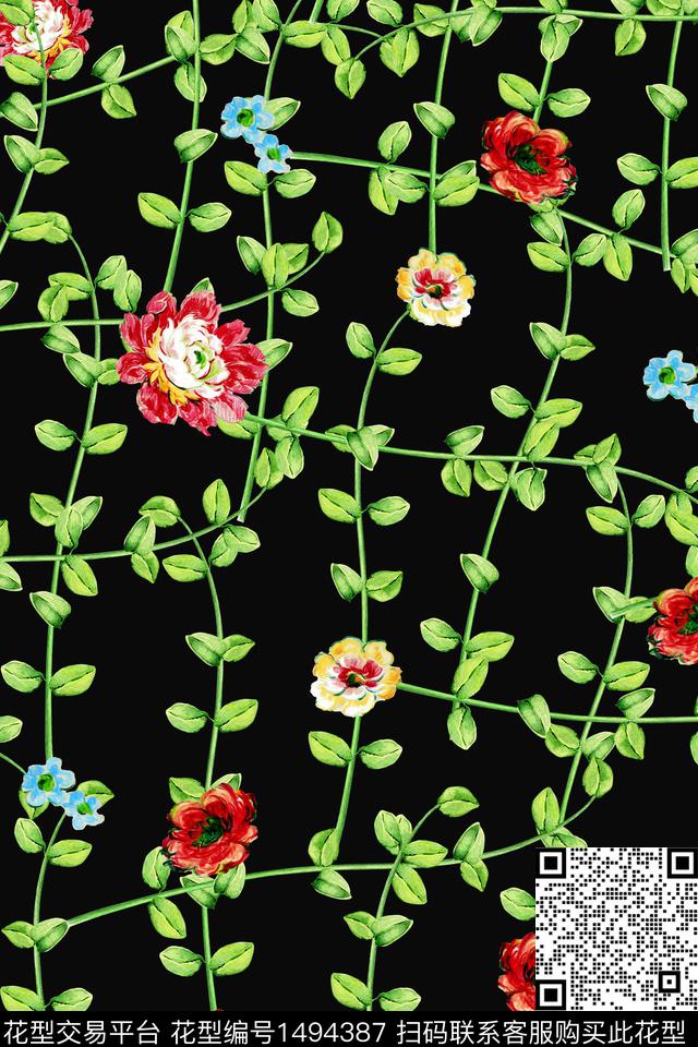 绿植树叶连衣裙清爽底花卉数码印花华亿平台下载（图片编号: 1494387） - 瓦栏（Walan）