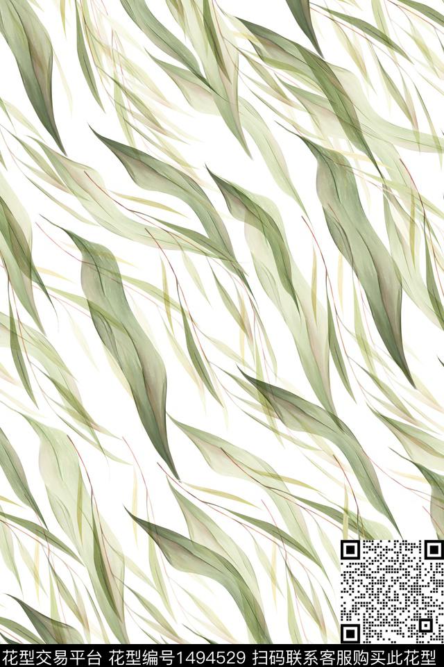 绿植树叶小清新真丝数码印花华亿平台下载（图片编号: 1494529） - 瓦栏（Walan）