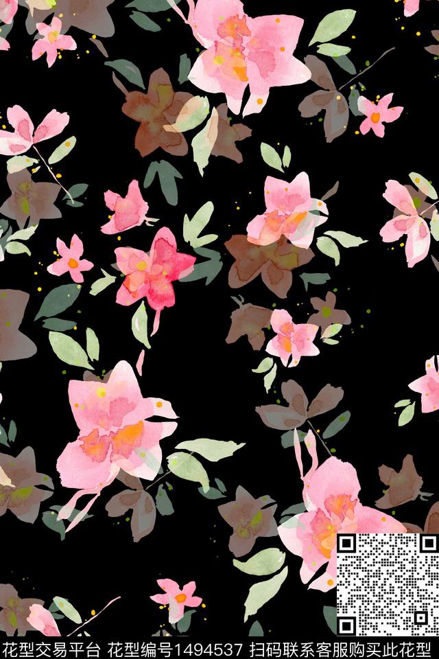 水彩黑底花卉绿植树叶数码印花华亿平台下载（图片编号: 1494537） - 瓦栏（Walan）