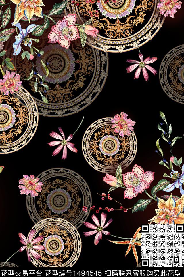 水彩黑底花卉绿植树叶数码印花华亿平台下载（图片编号: 1494545） - 瓦栏（Walan）