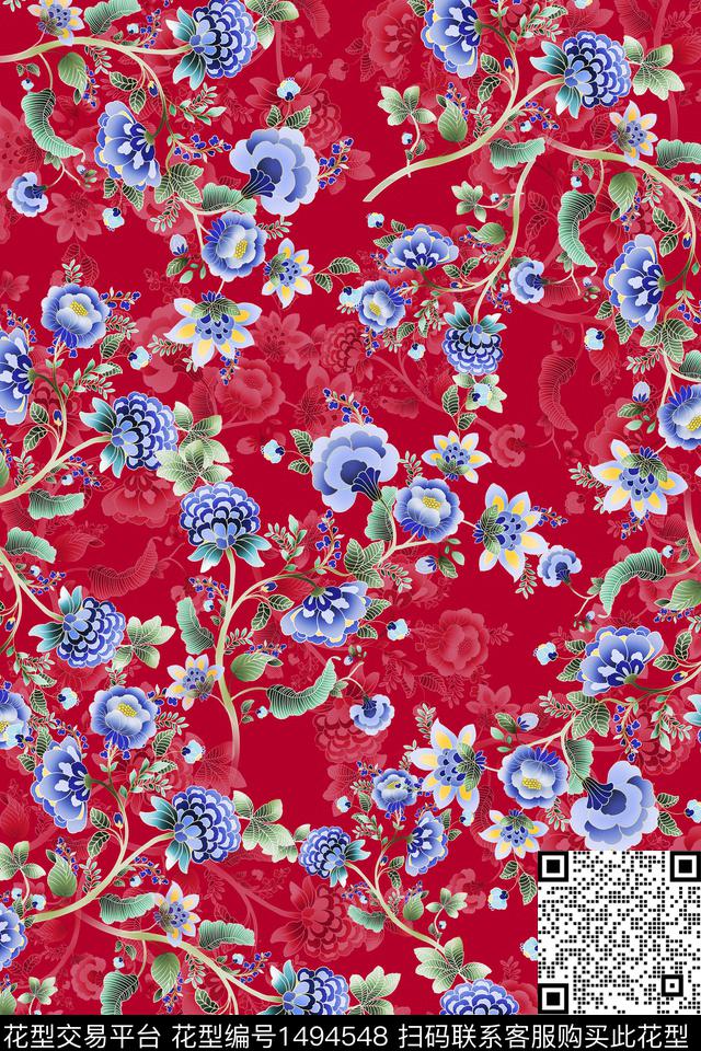 水彩民族花卉绿植树叶数码印花华亿平台下载（图片编号: 1494548） - 瓦栏（Walan）