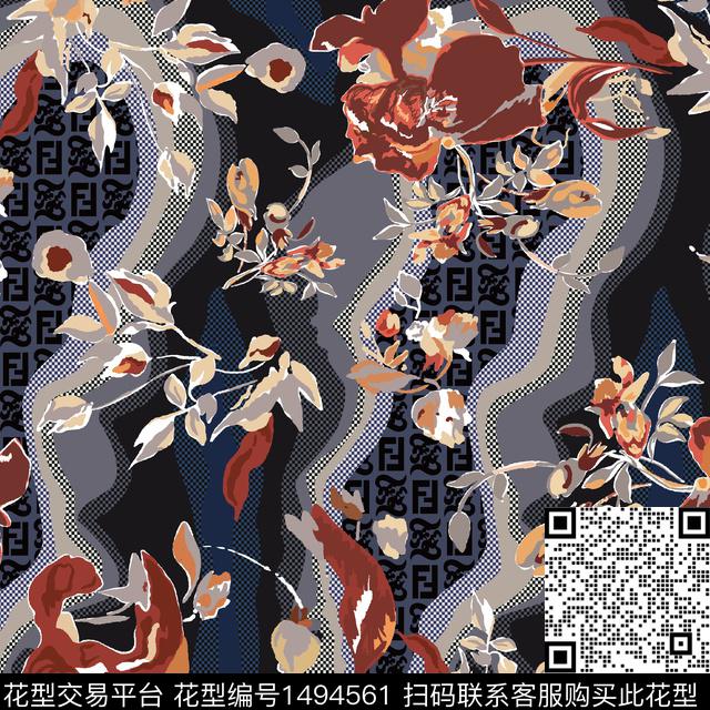 几何花卉抽象数码印花华亿平台下载（图片编号: 1494561） - 瓦栏（Walan）