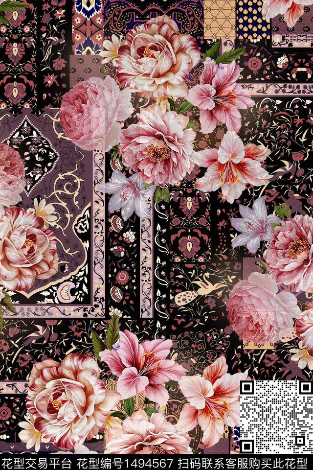 民族风花卉真丝数码印花华亿平台下载（图片编号: 1494567） - 瓦栏（Walan）