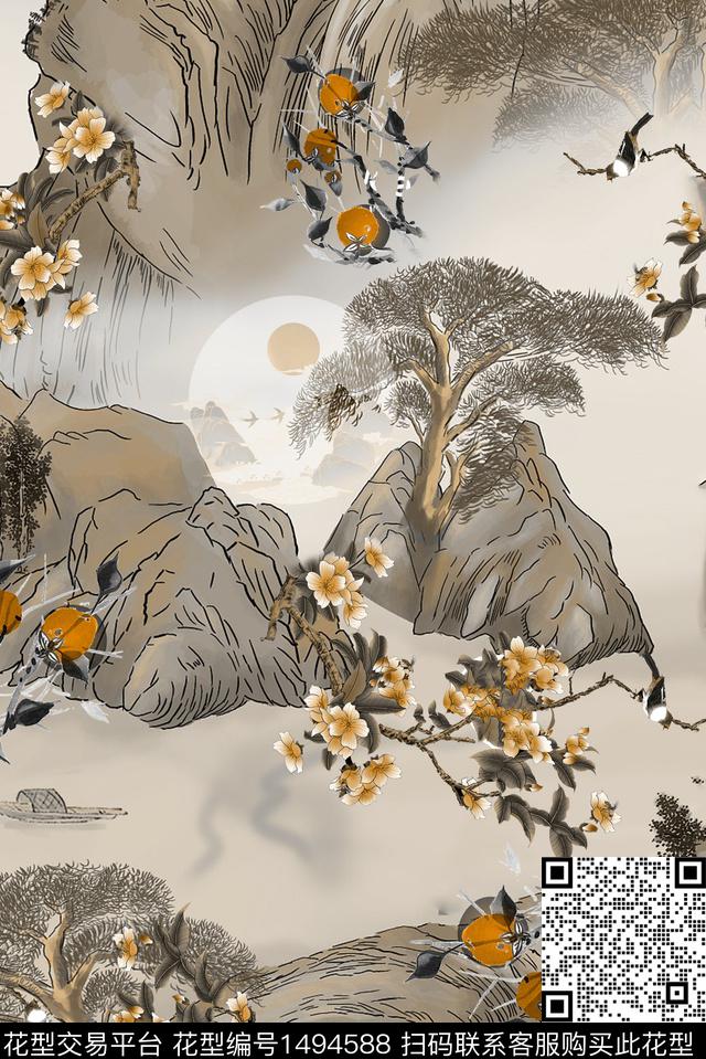 花卉香云纱中国风数码印花华亿平台下载（图片编号: 1494588） - 瓦栏（Walan）