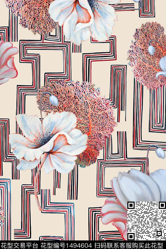 抽象方块肌理拼贴植物几何数码印花华亿平台下载（图片编号: 1494604） - 瓦栏（Walan）
