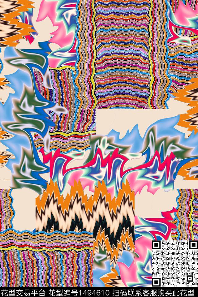 抽象方块肌理拼贴植物几何数码印花华亿平台下载（图片编号: 1494610） - 瓦栏（Walan）