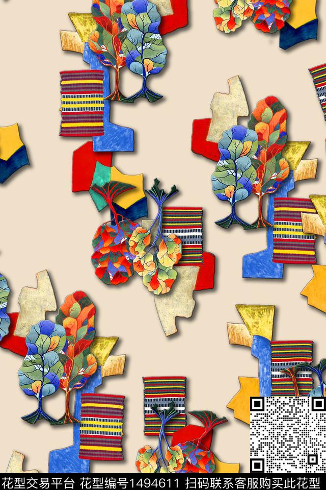 抽象方块肌理拼贴植物几何数码印花华亿平台下载（图片编号: 1494611） - 瓦栏（Walan）