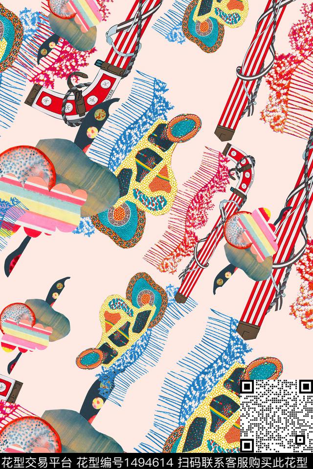 抽象方块肌理拼贴植物几何数码印花华亿平台下载（图片编号: 1494614） - 瓦栏（Walan）