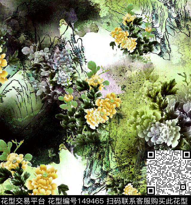 牡丹山水中国风数码印花华亿平台下载（图片编号: 149465） - 瓦栏（Walan）
