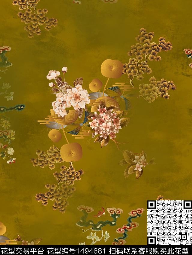香云纱复古旗袍花朦胧底纹数码印花华亿平台下载（图片编号: 1494681） - 瓦栏（Walan）