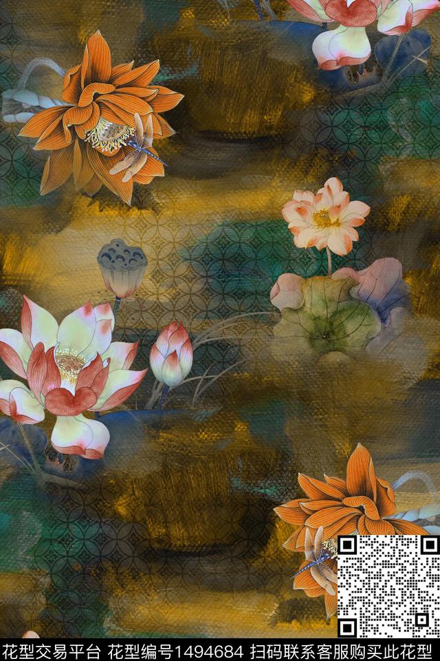 荷花香云纱复古旗袍华亿平台数码印花华亿平台下载（图片编号: 1494684） - 瓦栏（Walan）