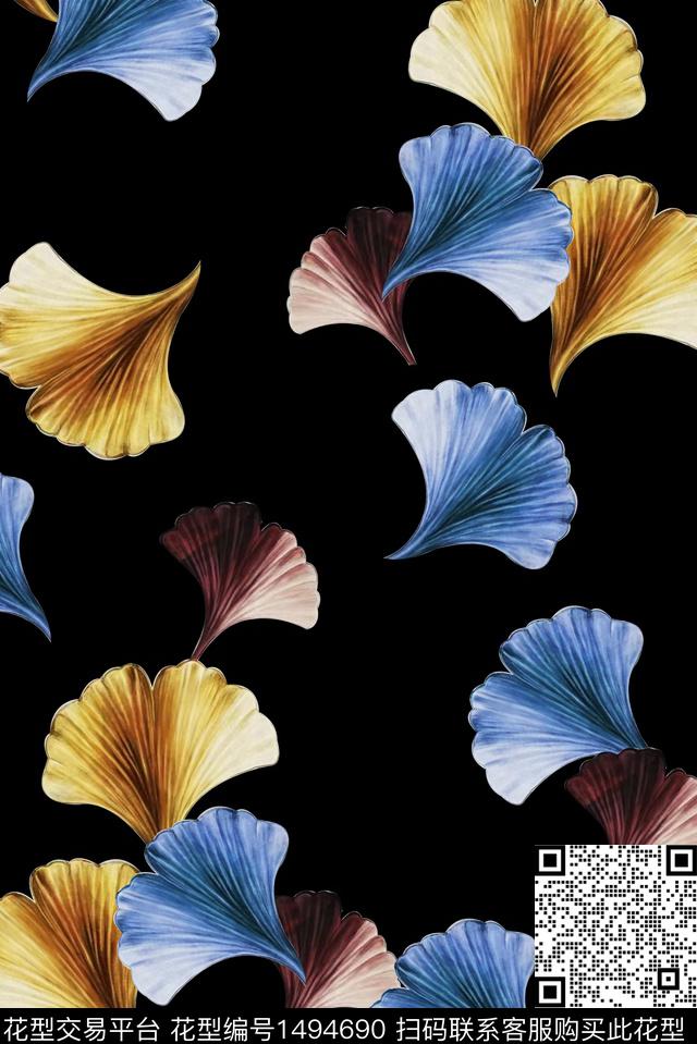 中老年银杏叶黑底花卉数码印花华亿平台下载（图片编号: 1494690） - 瓦栏（Walan）