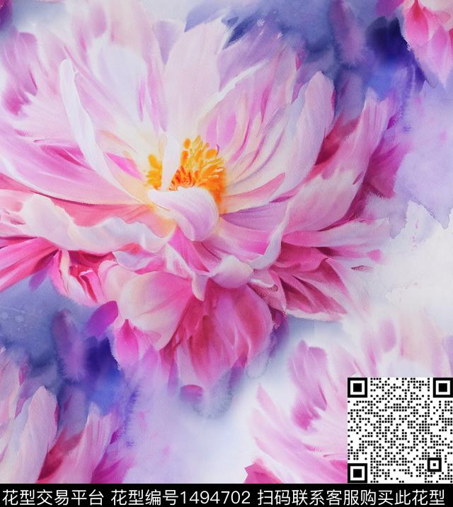 牡丹手绘大花粉红数码印花华亿平台下载（图片编号: 1494702） - 瓦栏（Walan）