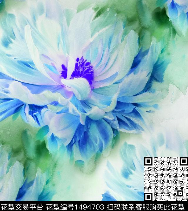 牡丹手绘大花粉红数码印花华亿平台下载（图片编号: 1494703） - 瓦栏（Walan）