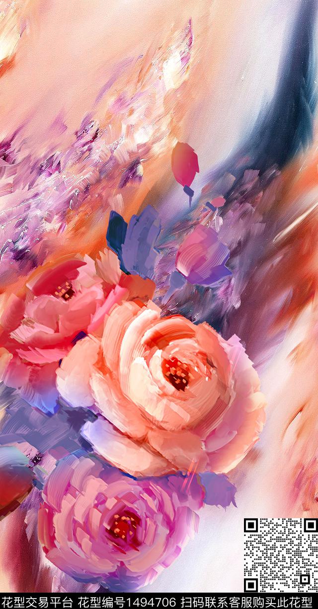 大花肌理纹女装定位花数码印花华亿平台下载（图片编号: 1494706） - 瓦栏（Walan）