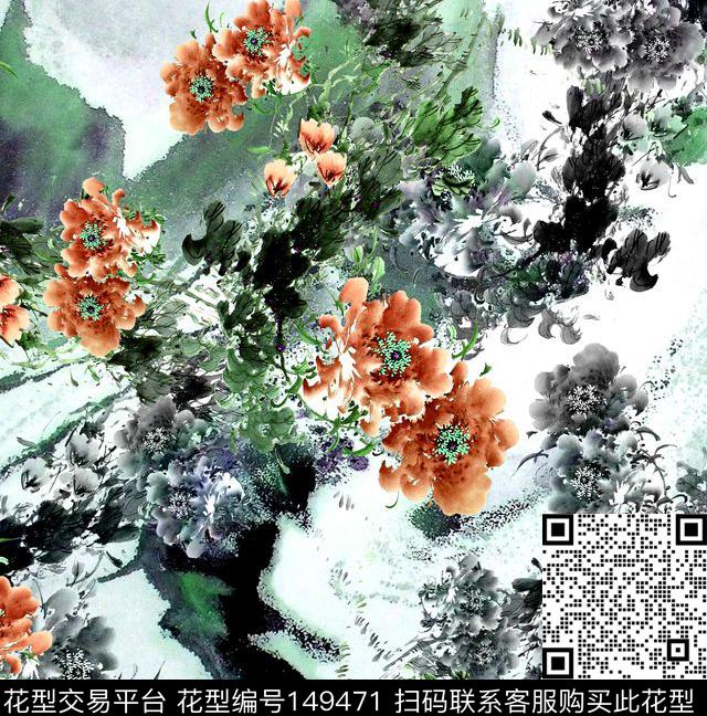 中国风牡丹数码印花华亿平台下载（图片编号: 149471） - 瓦栏（Walan）