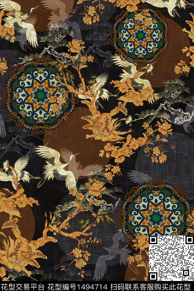 花卉香云纱中国风数码印花华亿平台下载（图片编号: 1494714） - 瓦栏（Walan）