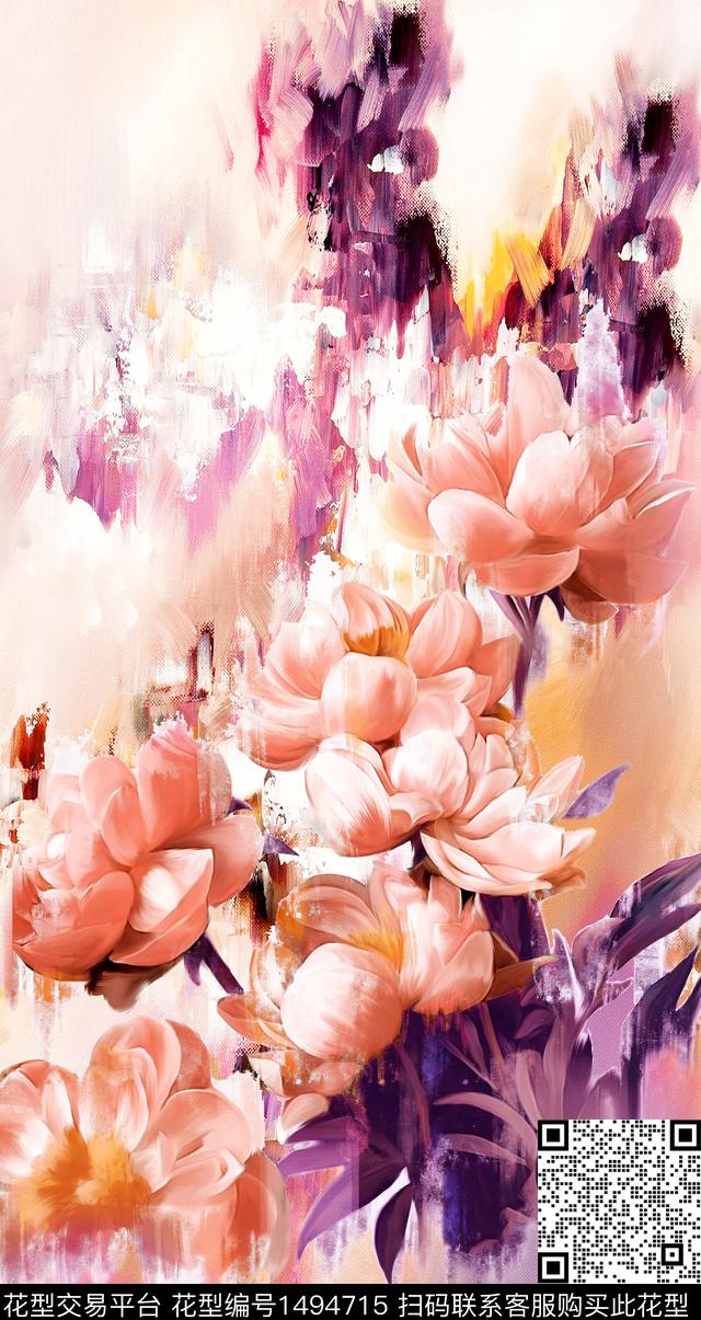 大花肌理纹女装定位花数码印花华亿平台下载（图片编号: 1494715） - 瓦栏（Walan）