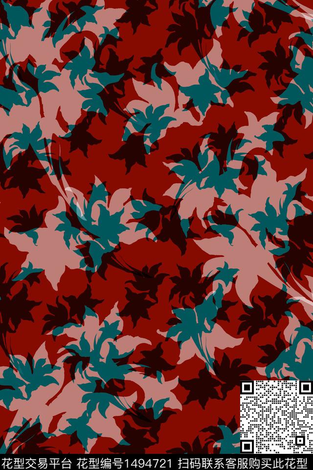 绿植树叶炫彩抽象花卉数码印花华亿平台下载（图片编号: 1494721） - 瓦栏（Walan）