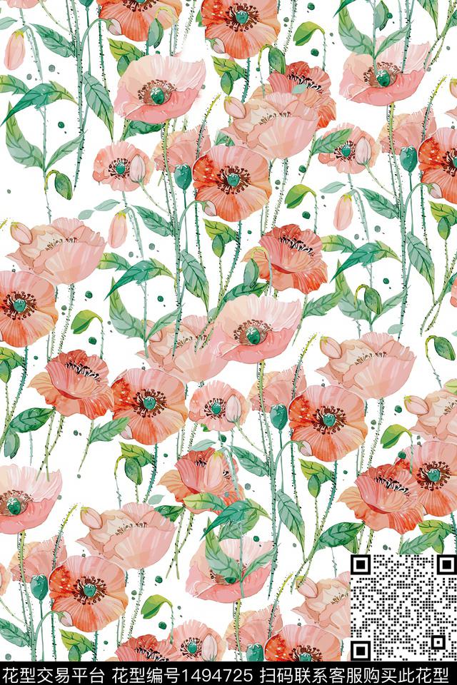 花卉小清新真丝数码印花华亿平台下载（图片编号: 1494725） - 瓦栏（Walan）