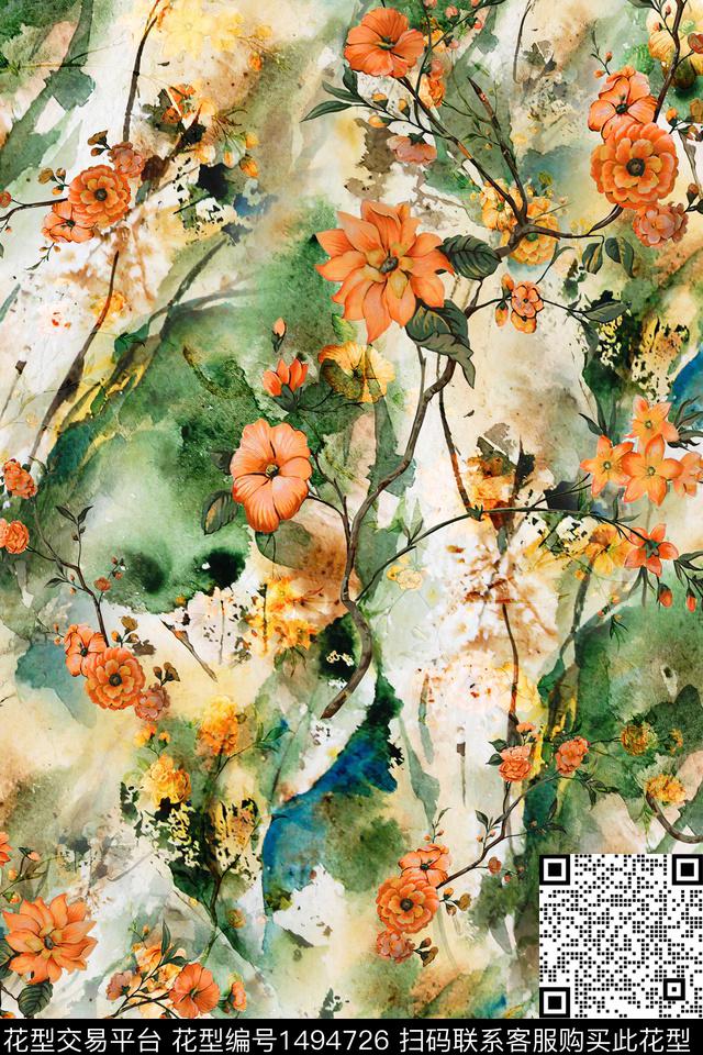 水彩民族花卉绿植树叶数码印花华亿平台下载（图片编号: 1494726） - 瓦栏（Walan）