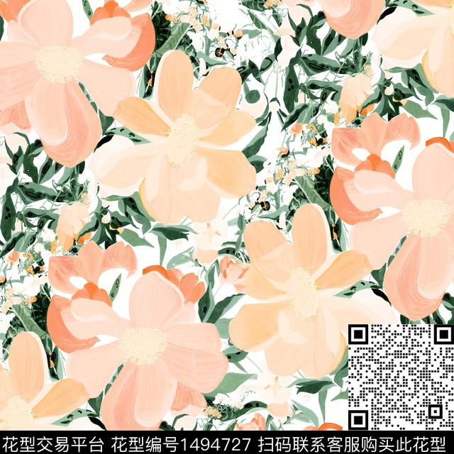 手绘大花粉红年轻女性数码印花华亿平台下载（图片编号: 1494727） - 瓦栏（Walan）