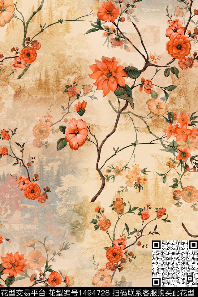 民族花卉绿植树叶复古数码印花华亿平台下载（图片编号: 1494728） - 瓦栏（Walan）