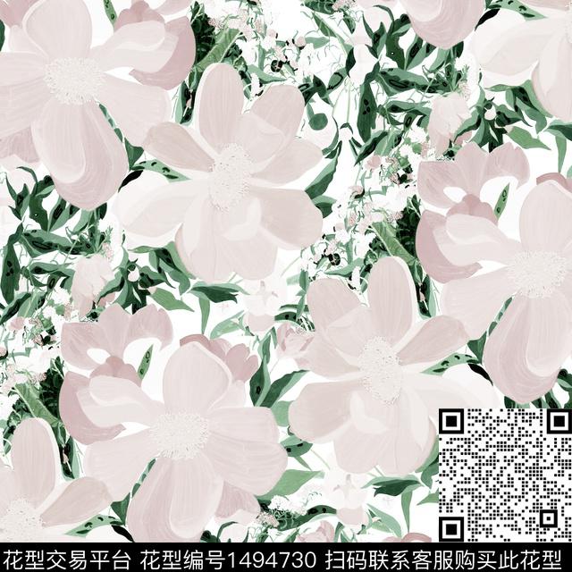 牡丹手绘大花粉红数码印花华亿平台下载（图片编号: 1494730） - 瓦栏（Walan）