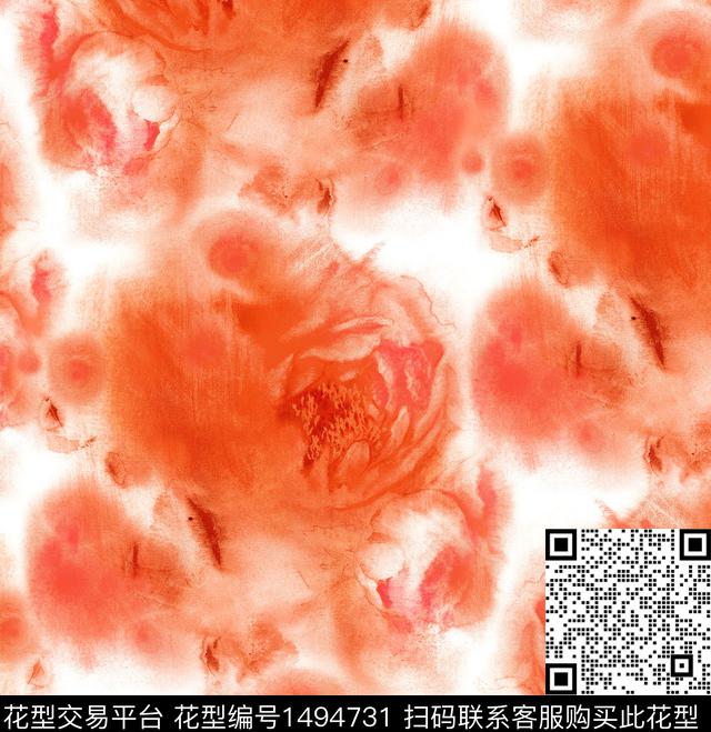 手绘大花粉红数码印花华亿平台下载（图片编号: 1494731） - 瓦栏（Walan）