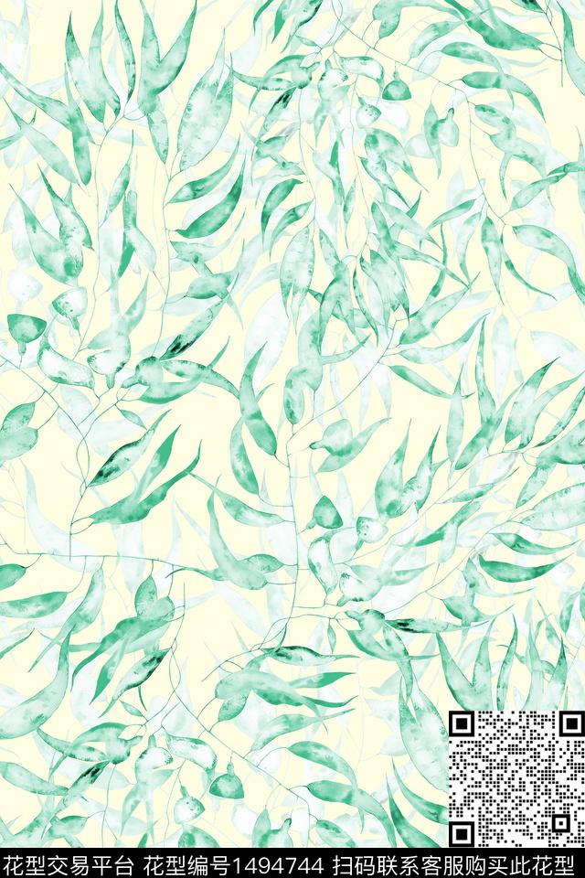 水彩绿植树叶炫彩数码印花华亿平台下载（图片编号: 1494744） - 瓦栏（Walan）