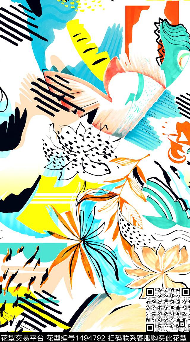 几何花卉水彩绿植树叶数码印花华亿平台下载（图片编号: 1494792） - 瓦栏（Walan）