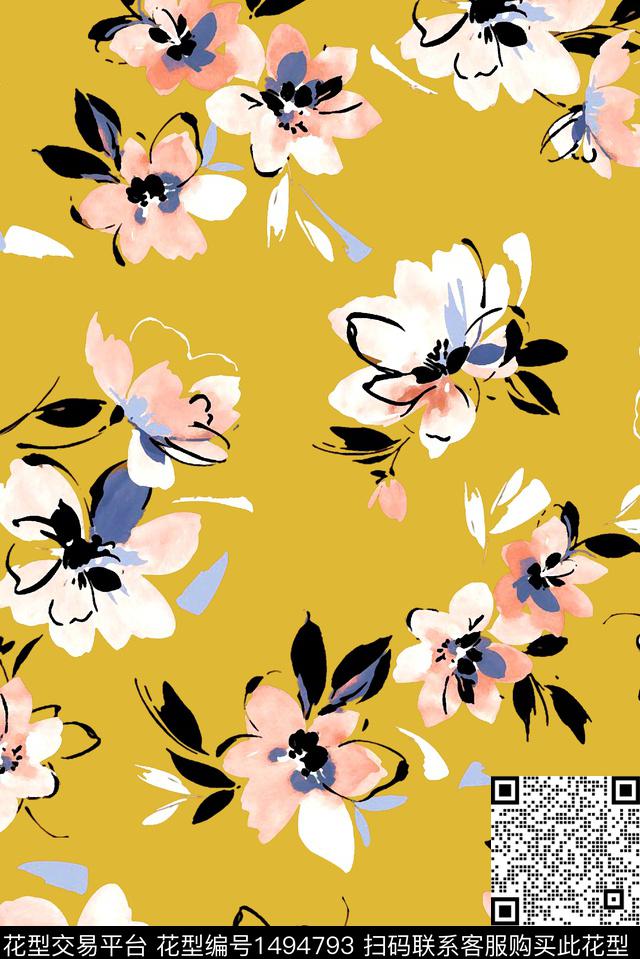 水彩绿植树叶花卉数码印花华亿平台下载（图片编号: 1494793） - 瓦栏（Walan）