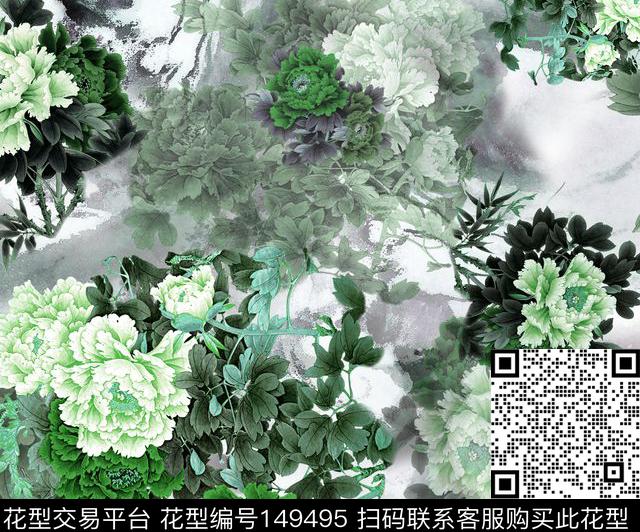 牡丹花卉国画数码印花华亿平台下载（图片编号: 149495） - 瓦栏（Walan）