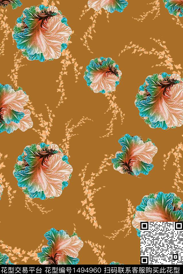 几何花卉风格化花卉数码印花华亿平台下载（图片编号: 1494960） - 瓦栏（Walan）
