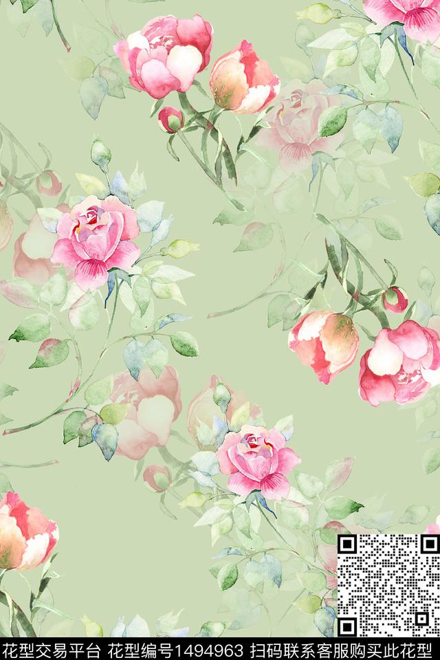 花卉小清新真丝数码印花华亿平台下载（图片编号: 1494963） - 瓦栏（Walan）