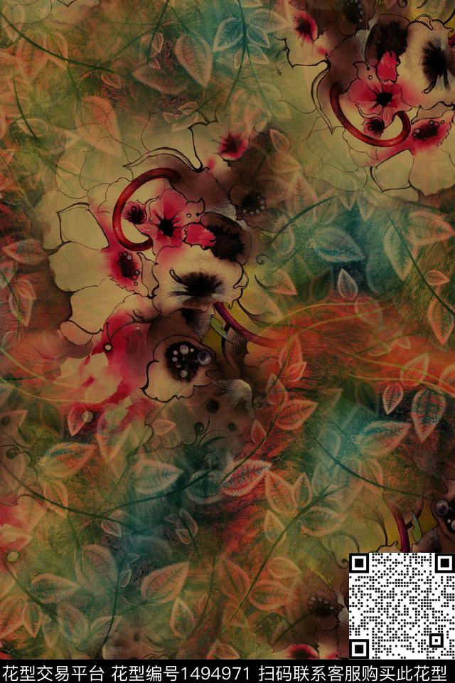 中国风香云纱真丝旗袍植物树叶数码印花华亿平台下载（图片编号: 1494971） - 瓦栏（Walan）