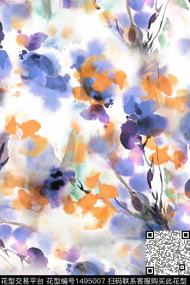 水彩肌理抽象花卉数码印花华亿平台下载（图片编号: 1495007） - 瓦栏（Walan）