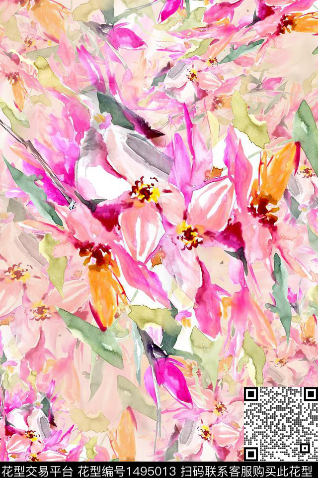 水彩绿植树叶肌理数码印花华亿平台下载（图片编号: 1495013） - 瓦栏（Walan）